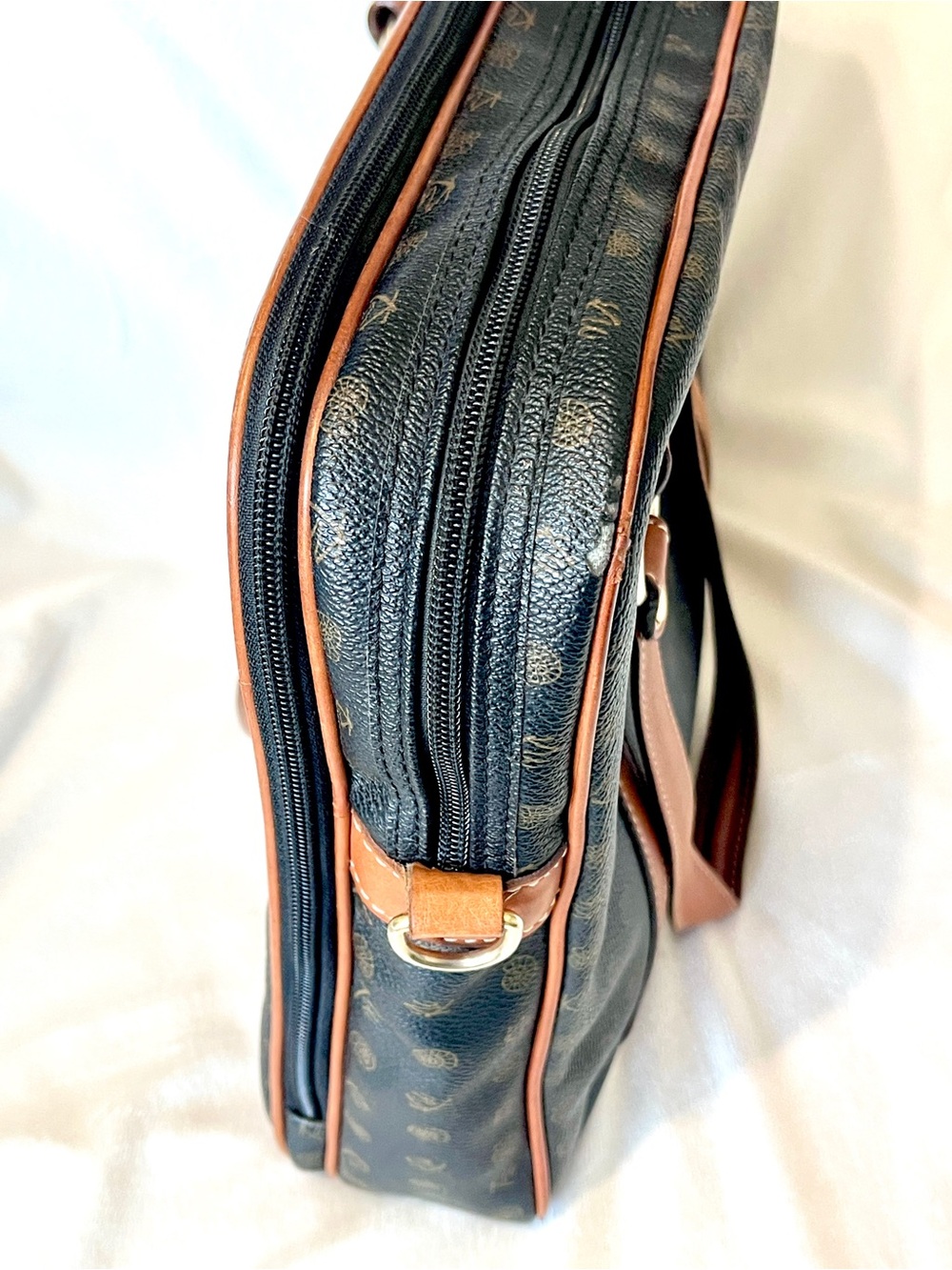Vintage Kenzia By KU Italy Monogram Briefcase Tote Satchel Bag Black Tan Trim - Picture 6 of 8